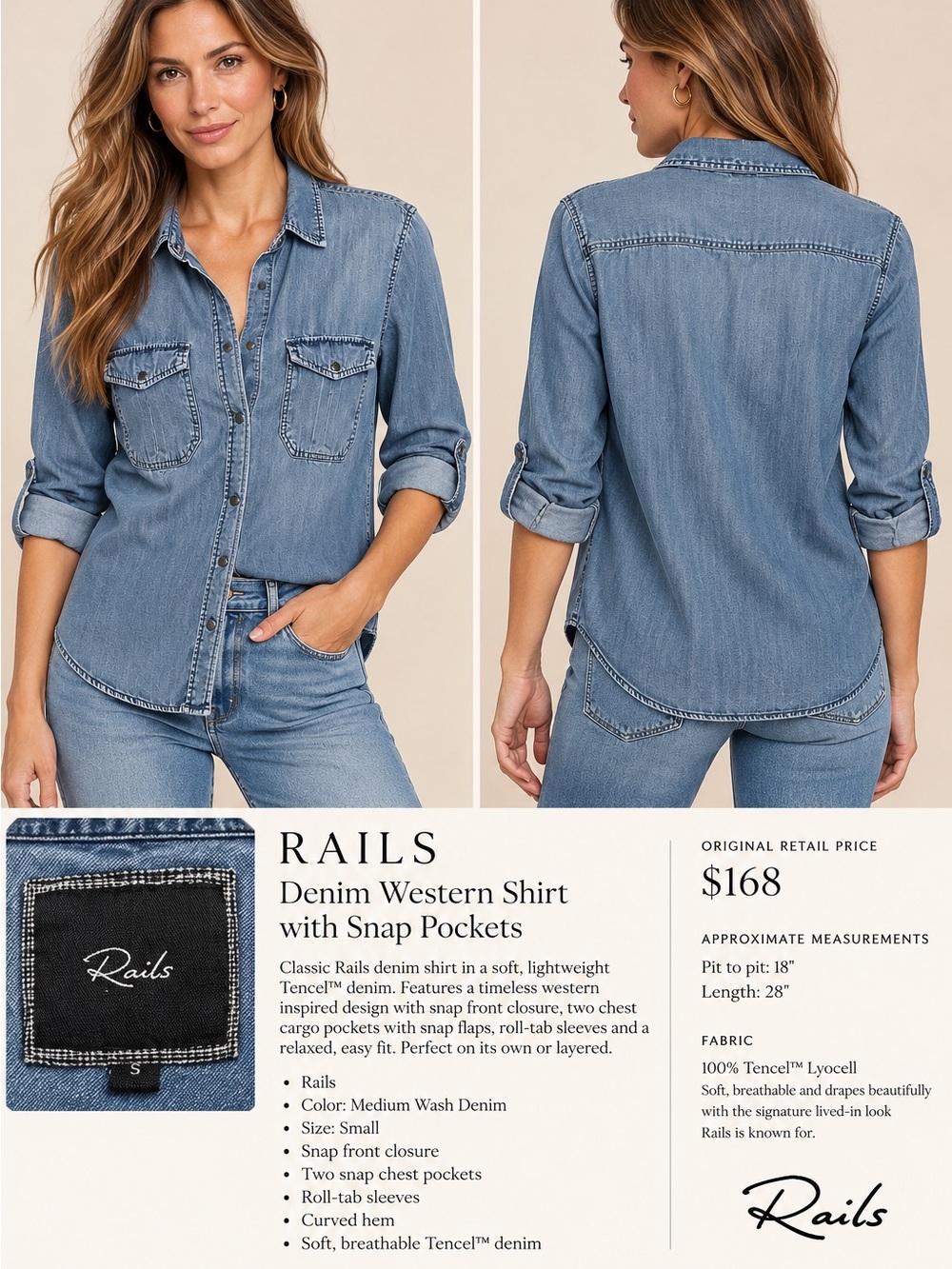 Rails Medium Wash Denim Western Shirt - Blue